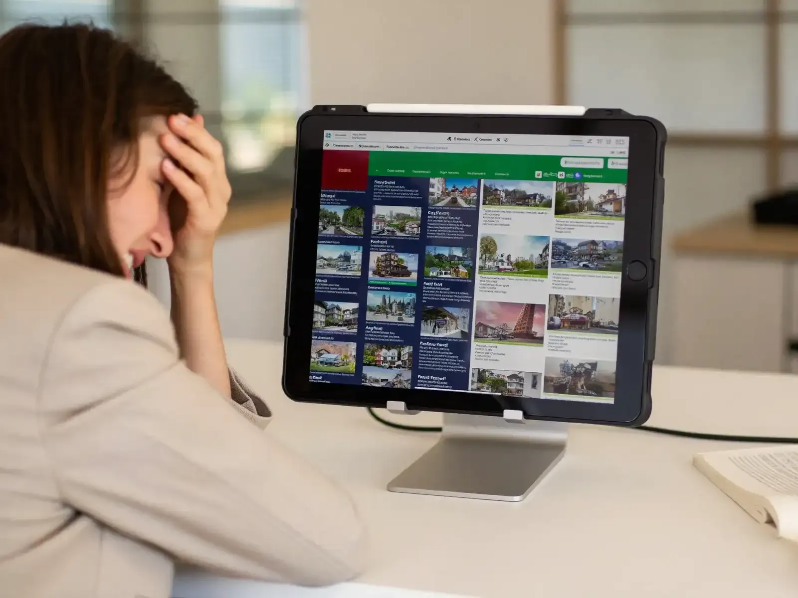 Makler fasst sich entnervt an den Kopf beim Blick auf eine veraltete, unübersichtliche Makler-Website auf dem Tablet