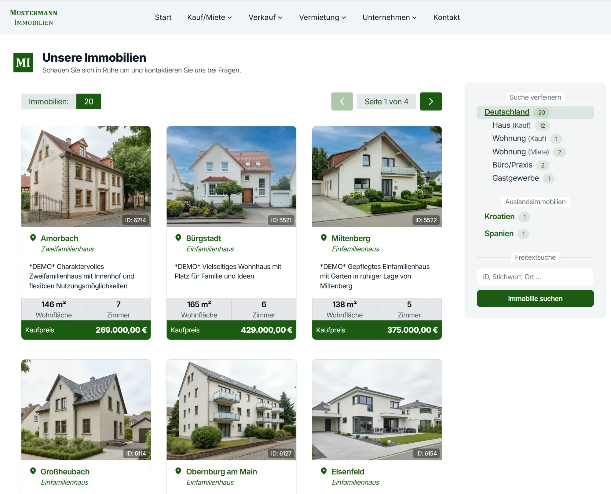 Immobilienliste der Beispiel-Homepage