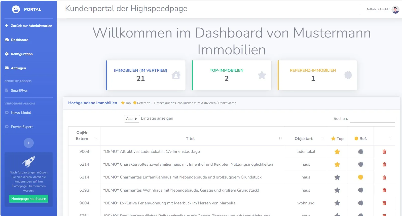 Dashboard des Kundenportals mit Kennzahlen zu Immobilien, Top-Immobilien und Referenzimmobilien sowie einer Tabelle der hochgeladenen Objekte