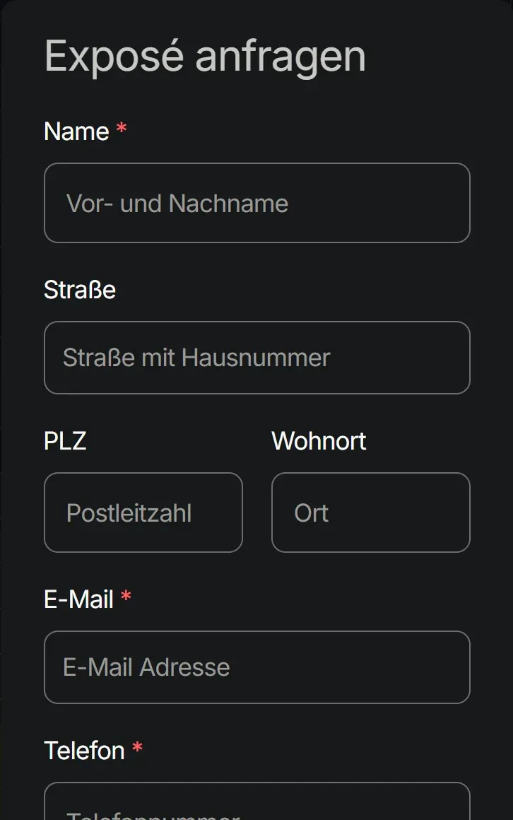 Exposé-Formular im dunklen Modus