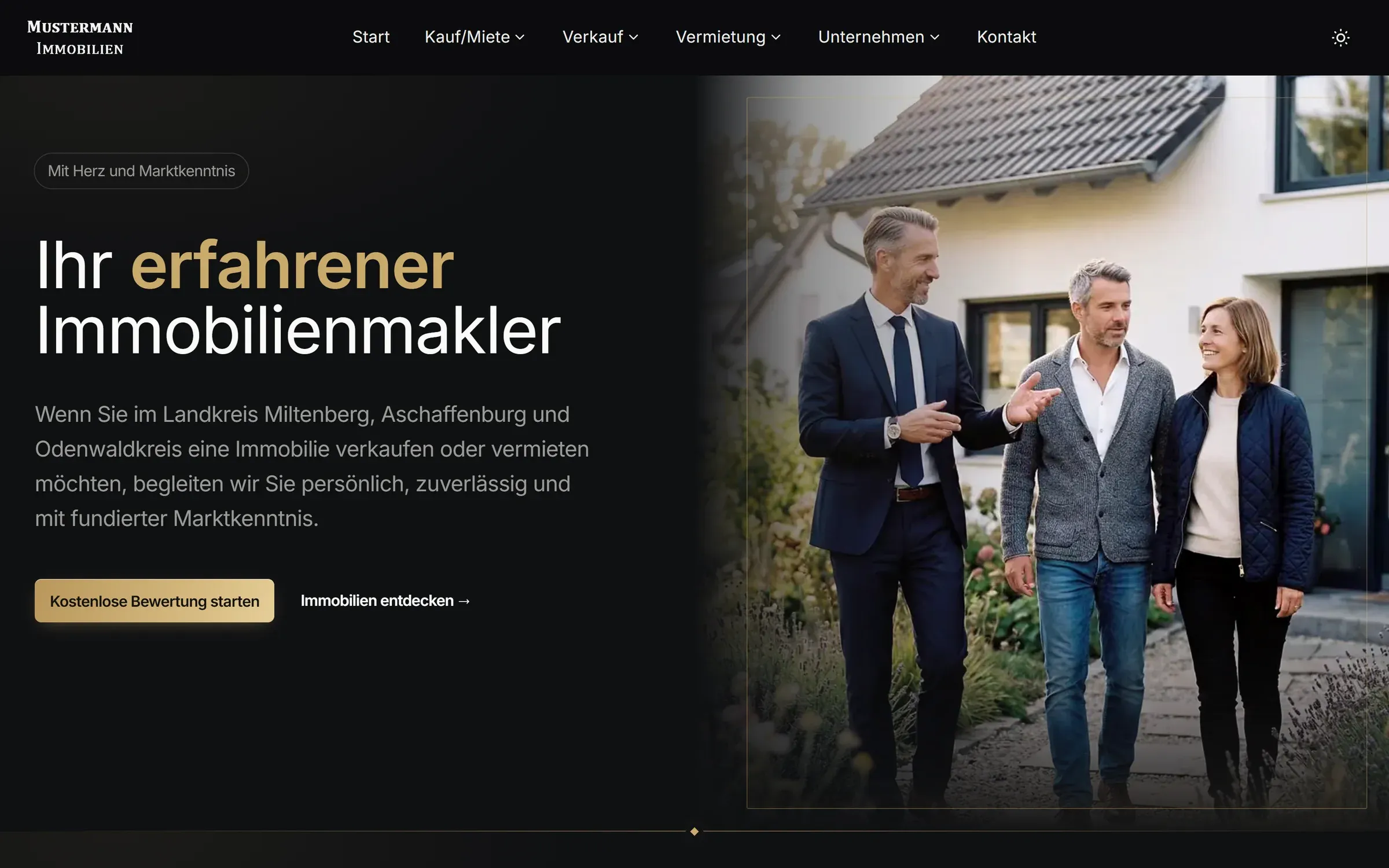Startseite einer Maklerhomepage im dunklen Modus