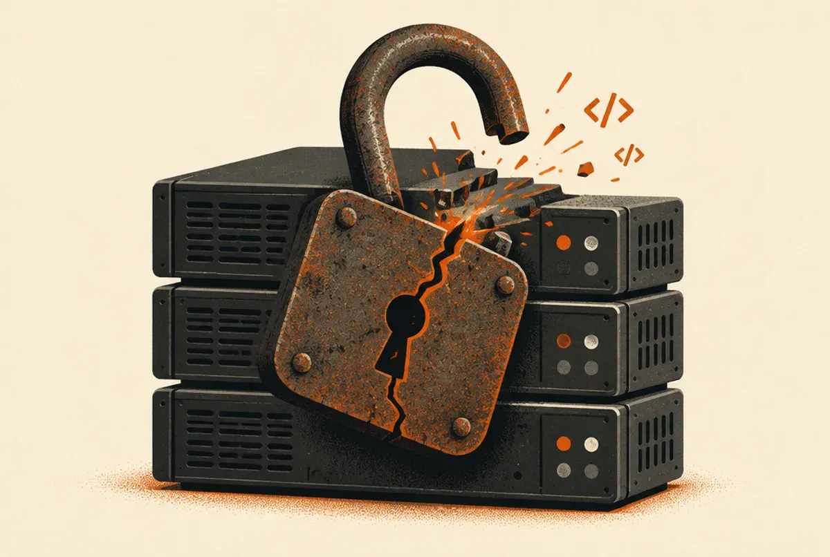 Illustration: Ein rostiges, gesprungenes Vorhängeschloss hängt offen an einem Stapel Server, aus dem Funken und Code-Klammern fliegen.