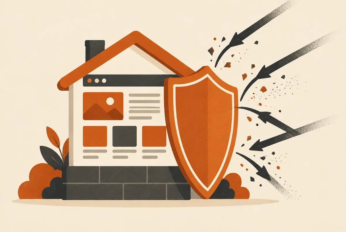 Illustration: Ein Haus in Form einer Webseite steht hinter einem Schild, an dem dunkle Pfeile abprallen.