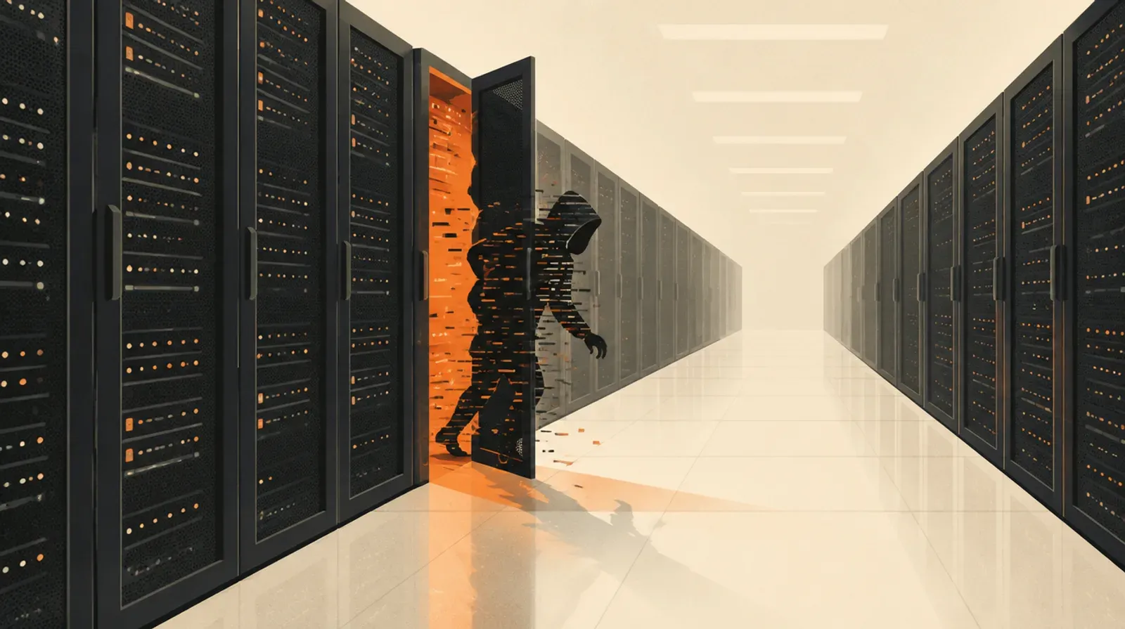 Illustration: Aus einem geöffneten Serverschrank in einem Rechenzentrum schlüpft eine Gestalt aus Code-Fragmenten.