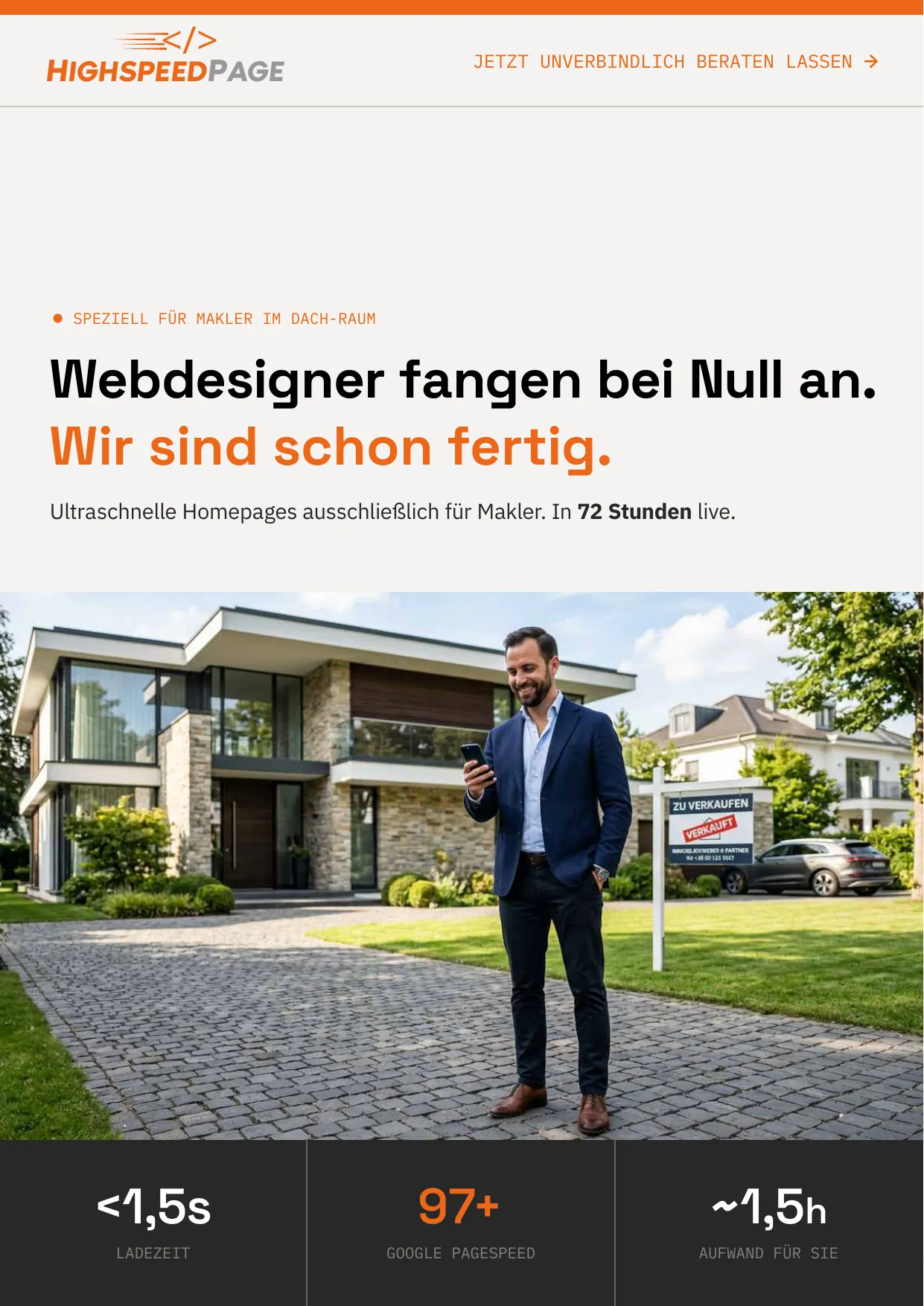 Titelseite der Highspeedpage-Broschüre: Webdesigner fangen bei Null an. Wir sind schon fertig.