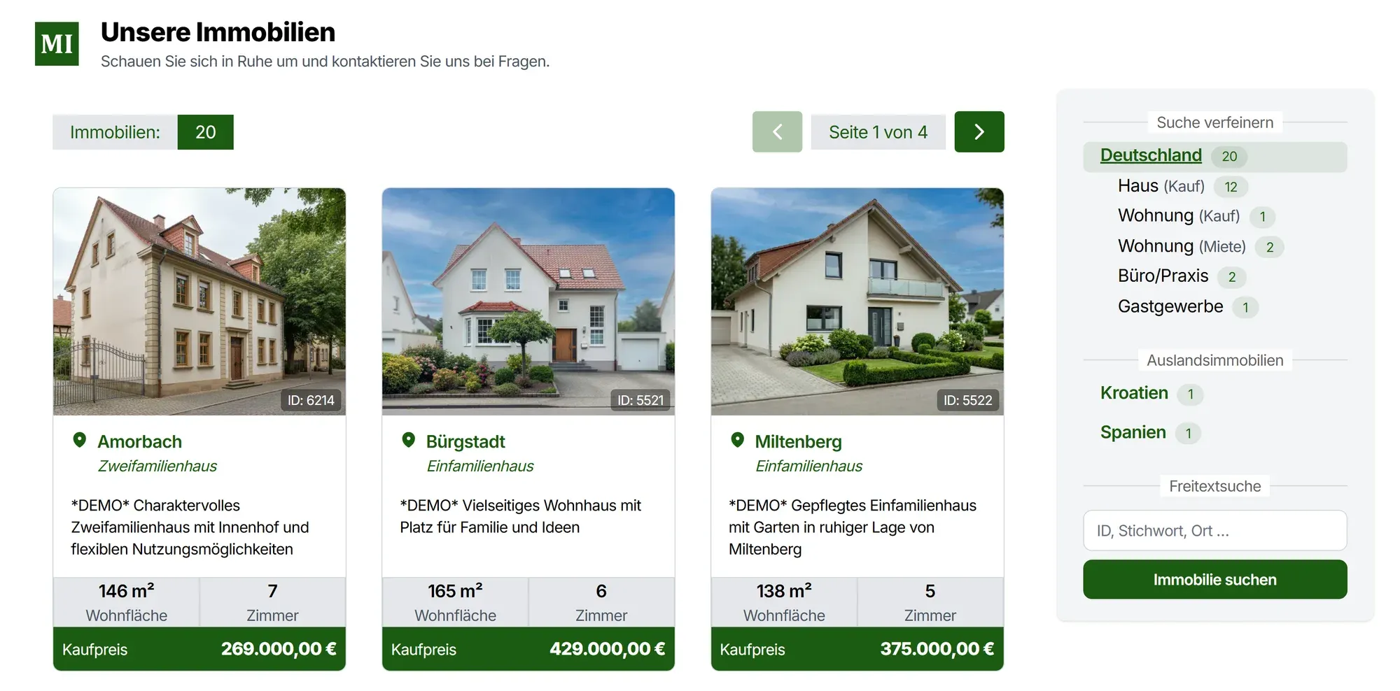 Immobilienübersicht mit Filter und Suche im hellen Modus
