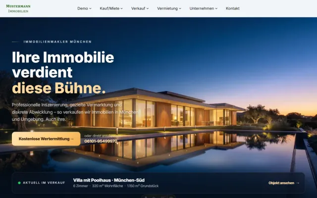 Startseiten-Variante 8: Villa mit Objekt-Leiste (München)